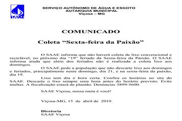 COMUNICADO - Coleta “Sexta-feira da Paixão”