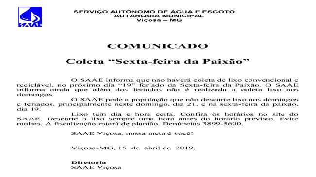 COMUNICADO - Coleta “Sexta-feira da Paixão”